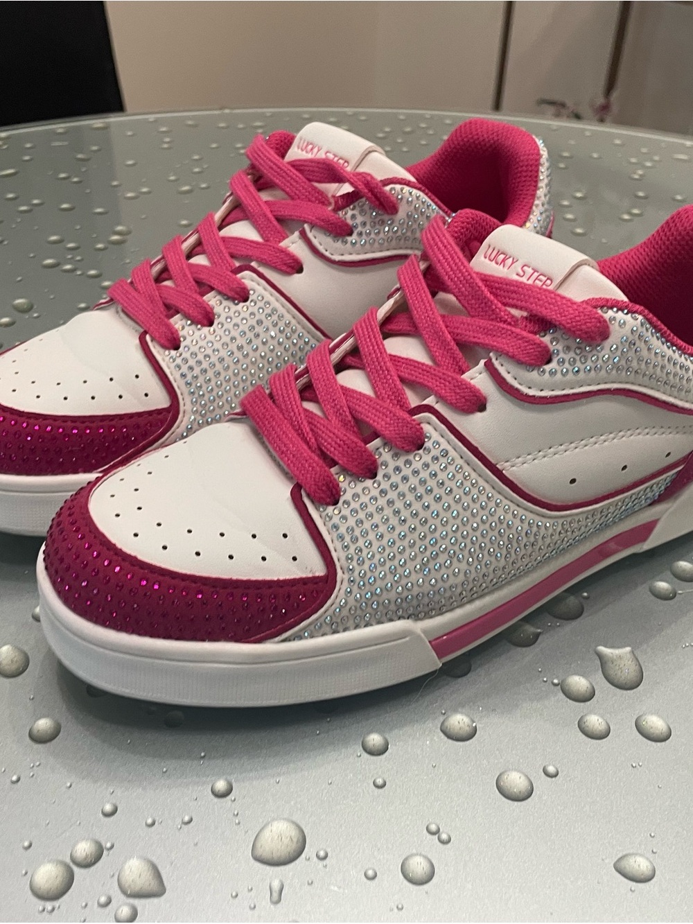 Lucky Step Women’s White and Hot Pink Rhinestone Accent Sneakers